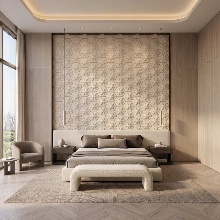 Asterisk Hexagon 3D Leather Wall Panel in Beige White