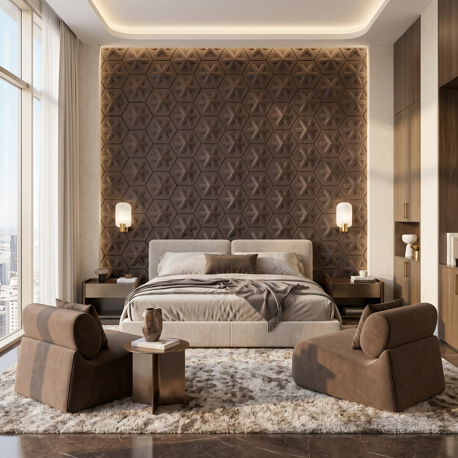 Asterisk Hexagon 3D Leather Wall Panel in Dark Brown