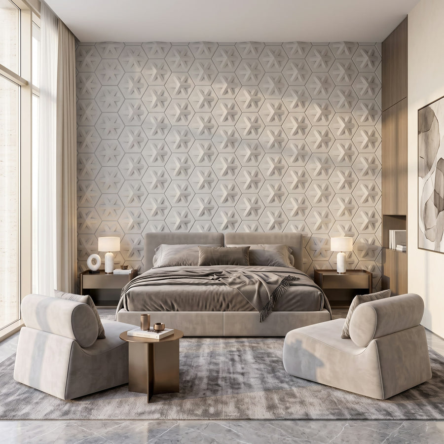 Asterisk Hexagon 3D Leather Wall Panel in Light Grey