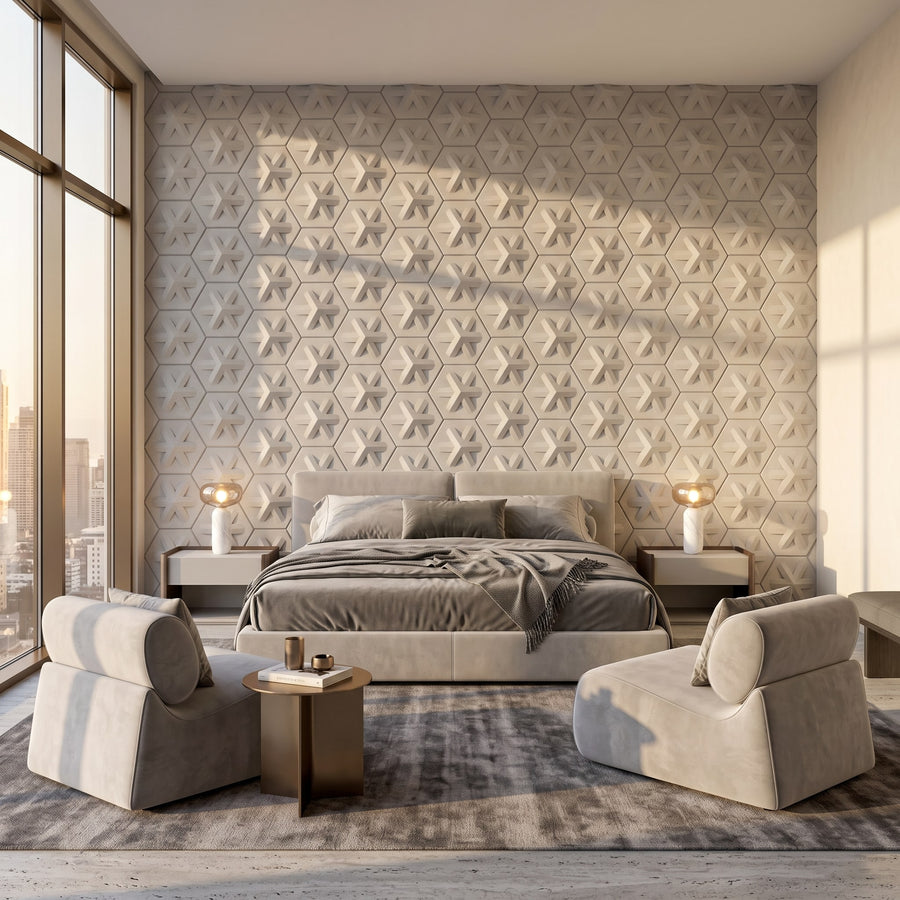 Asterisk Hexagon 3D Leather Wall Panel in Grey
