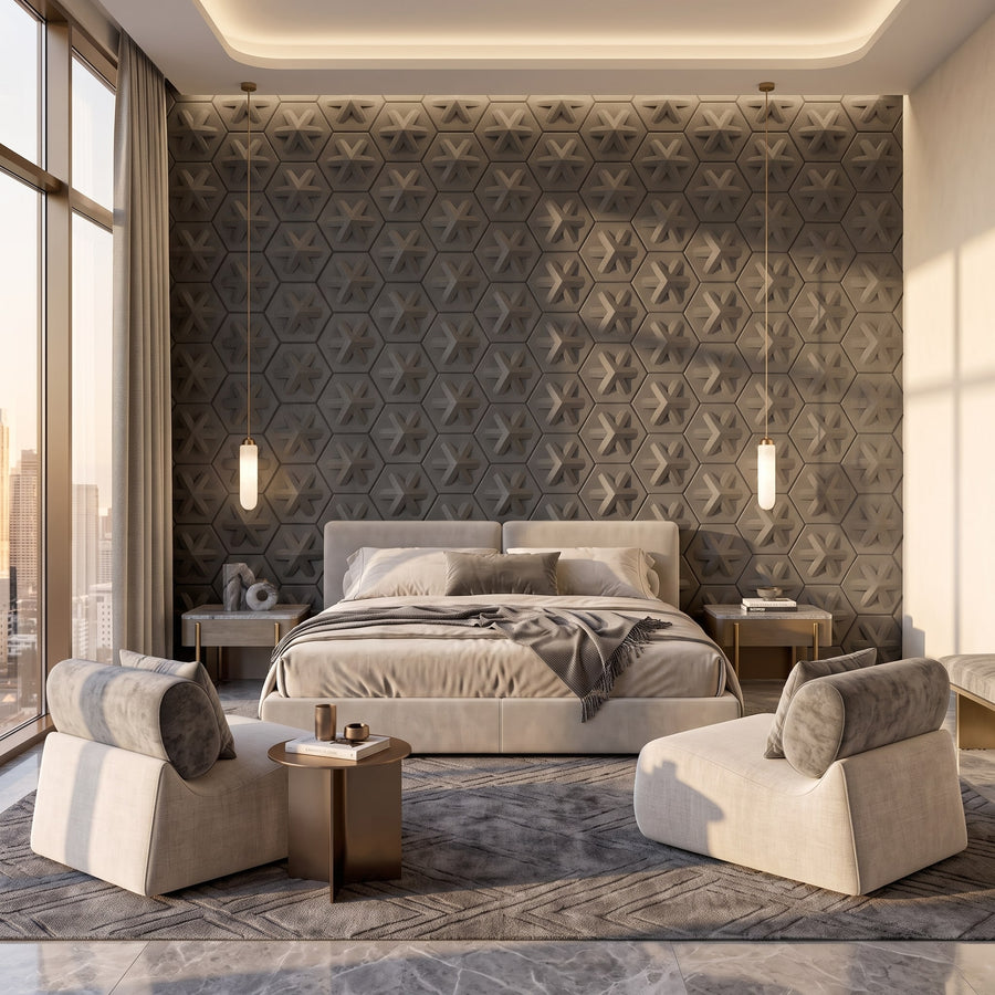 Asterisk Hexagon 3D Leather Wall Panel in Charcoal Grey