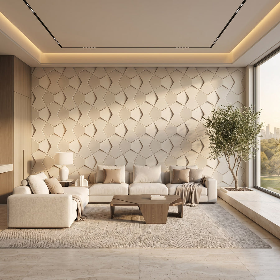 Bowtie Geometric 3D Leather Wall Panel in Beige White
