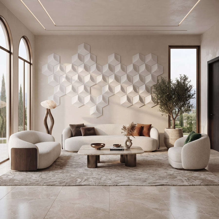 Cubed Hexagon 3D Leather Wall Panel in Classic White