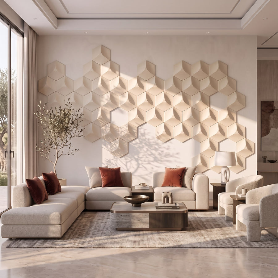 Cubed Hexagon 3D Leather Wall Panel in Beige White