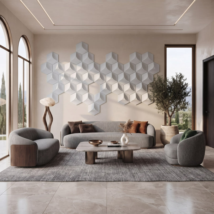 Cubed Hexagon 3D Leather Wall Panel in Light Grey