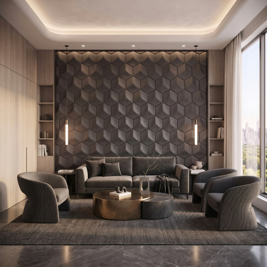 Cubed Hexagon 3D Leather Wall Panel in Charcoal Grey