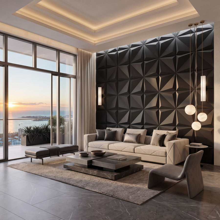 Leaves Square 3D Leather Wall Panel in Black