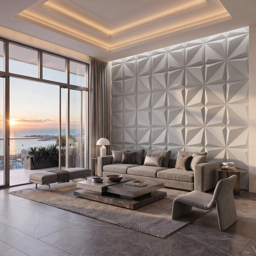 Leaves Square 3D Leather Wall Panel in Light Grey