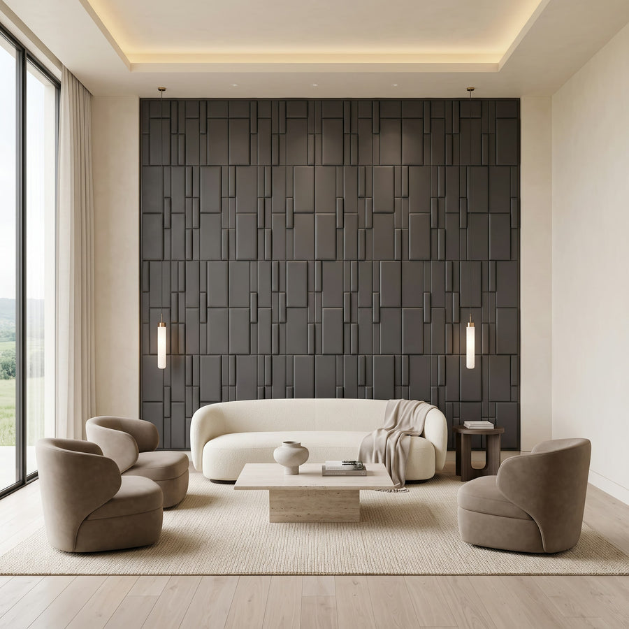 Flux Square 3D Leather Wall Panel in Charcoal Grey