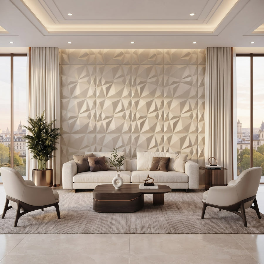 Diamond Fever Square 3D Leather Wall Panel in Beige White