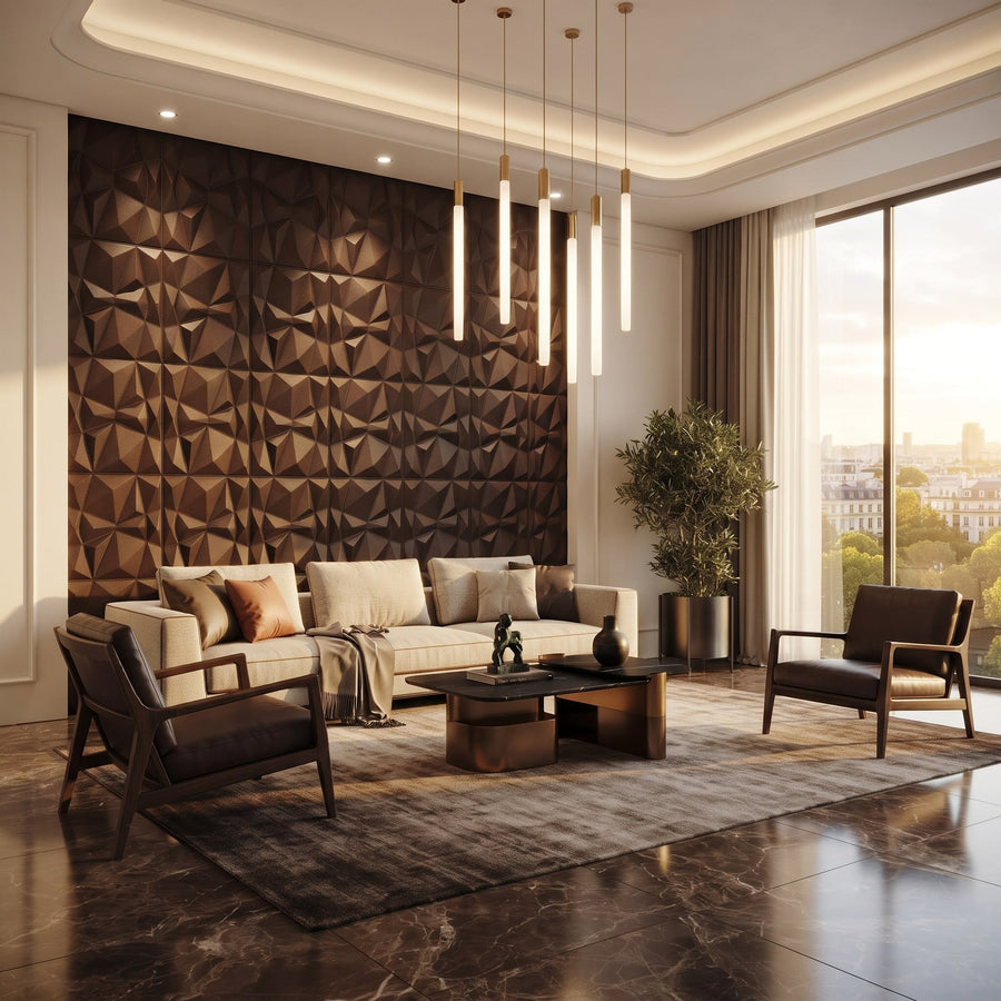 Diamond Fever Square 3D Leather Wall Panel in Dark Brown