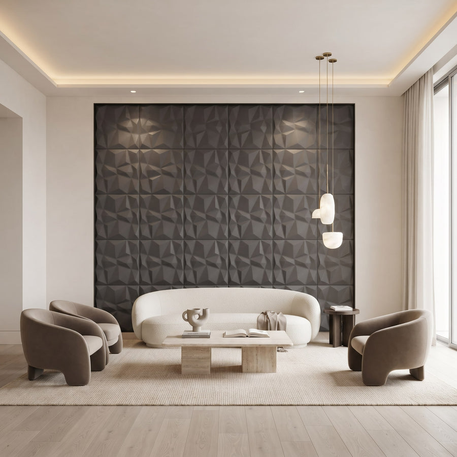Diamond Fever Square 3D Leather Wall Panel in Charcoal Grey
