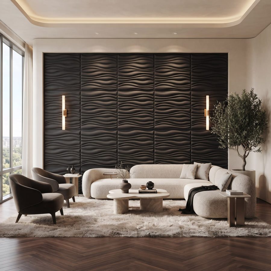 Gnarly Square 3D Leather Wall Panel in Black