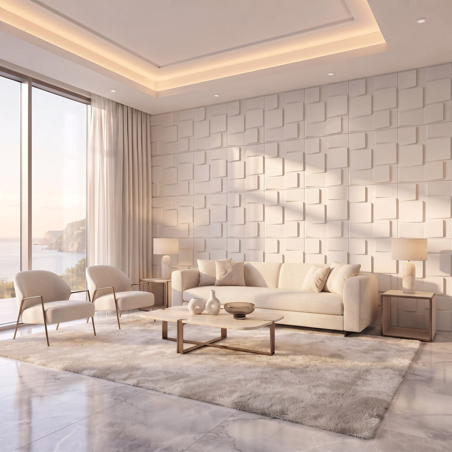Rubik Square 3D Leather Wall Panel in Classic White
