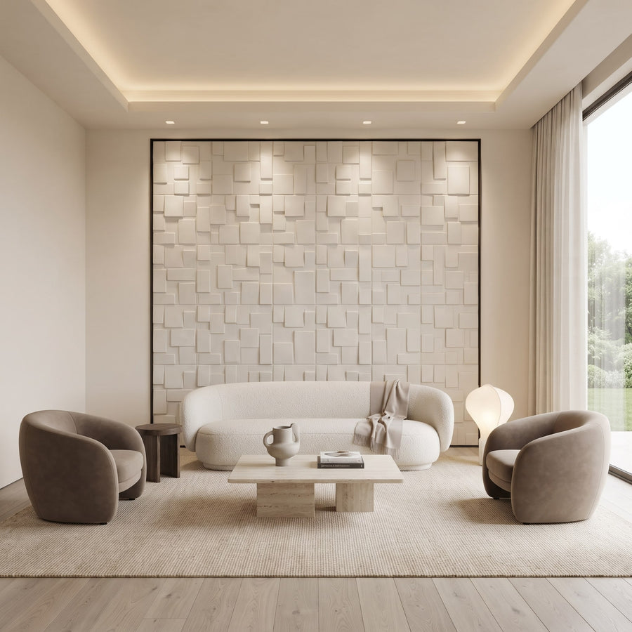 Rubik Square 3D Leather Wall Panel in Beige White