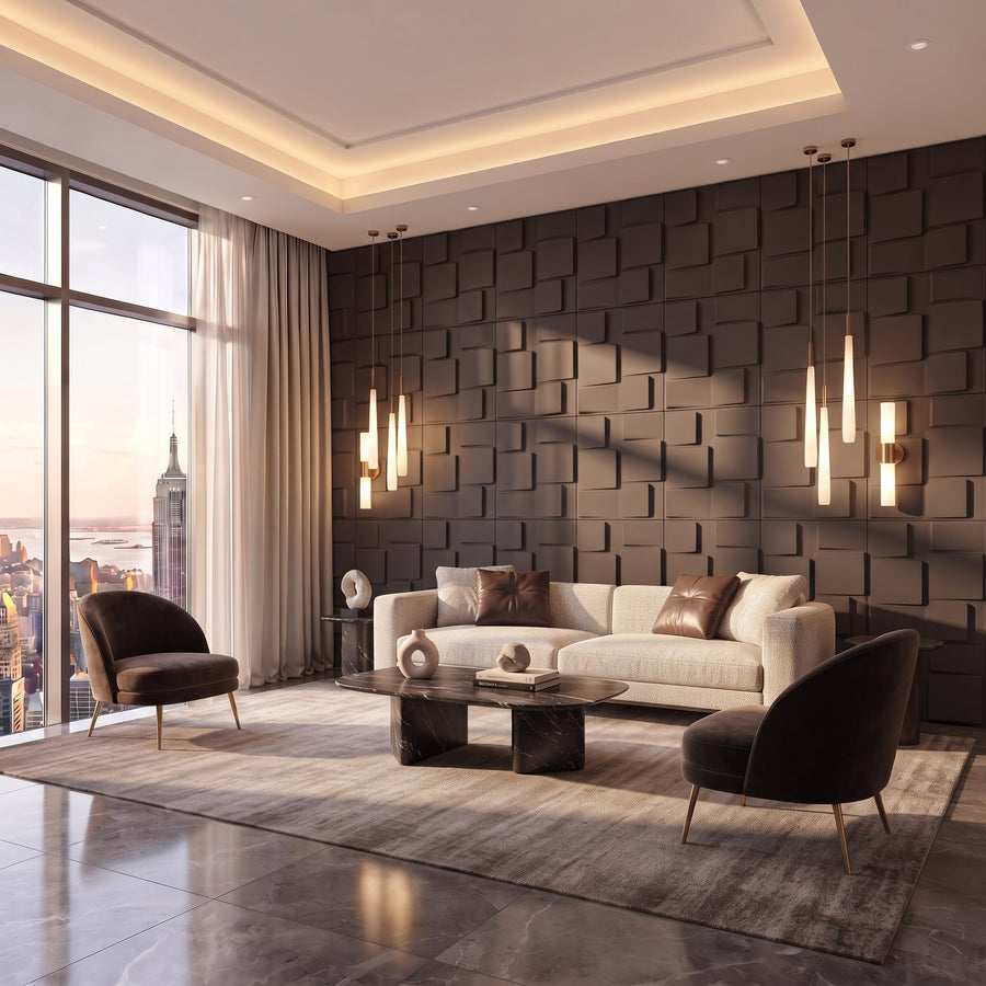 Rubik Square 3D Leather Wall Panel in Dark Brown