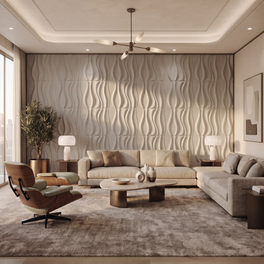 River Square 3D Leather Wall Panel in Beige White