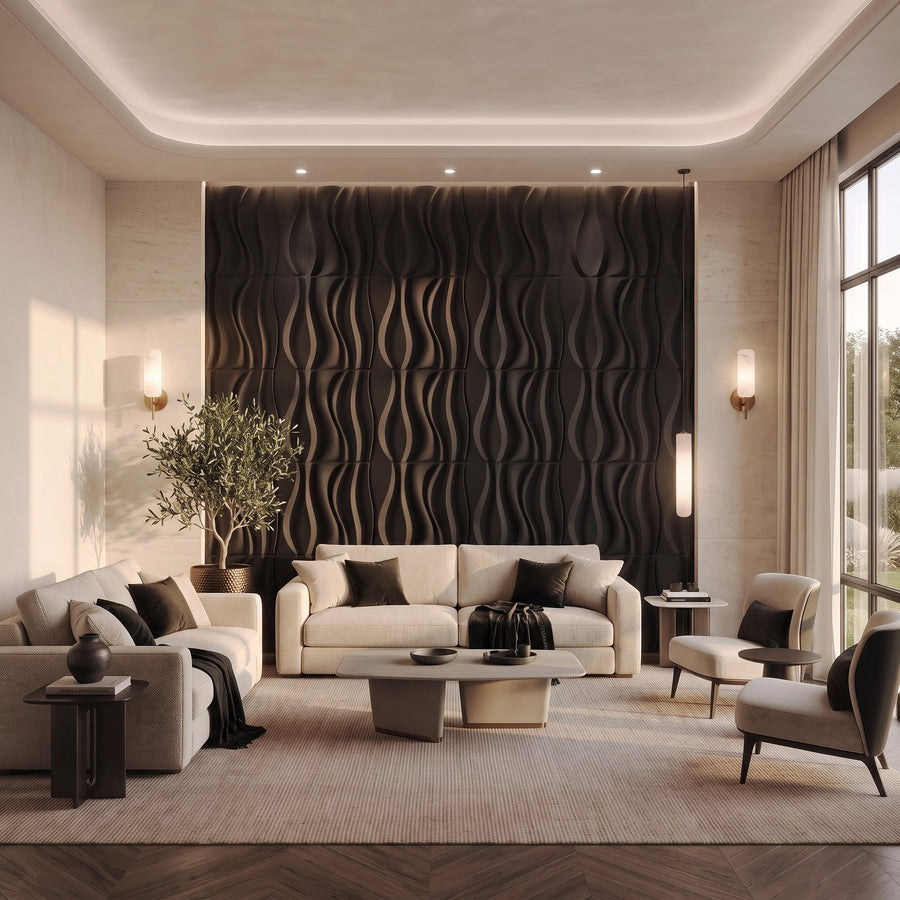 River Square 3D Leather Wall Panel in Black