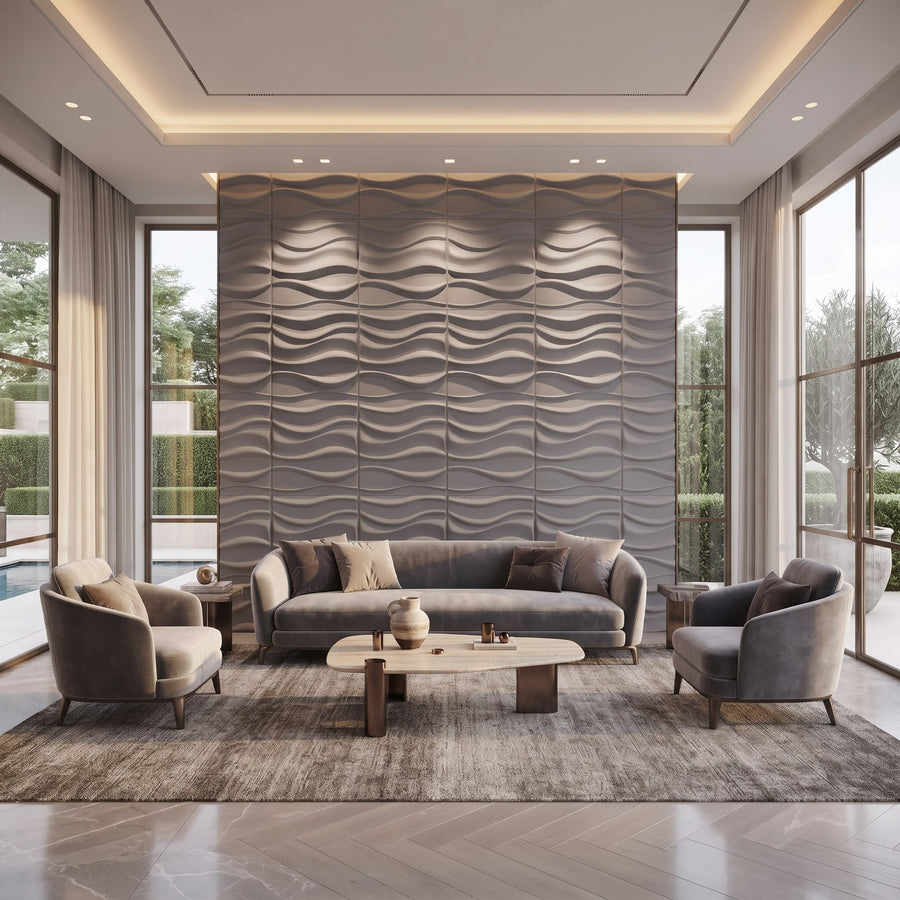 River Square 3D Leather Wall Panel in Grey