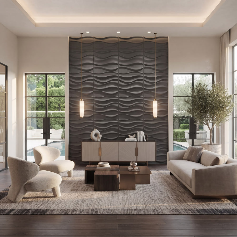 River Square 3D Leather Wall Panel in Charcoal Grey