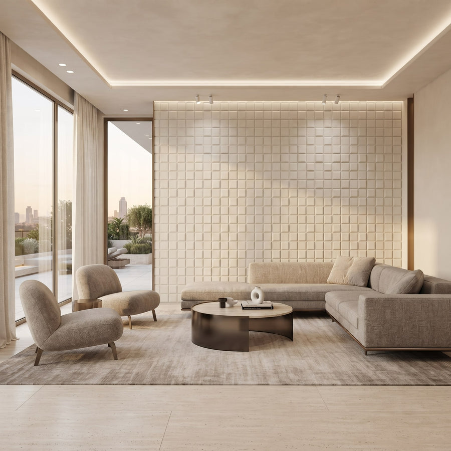 Tetris Square 3D Leather Wall Panel in Beige White