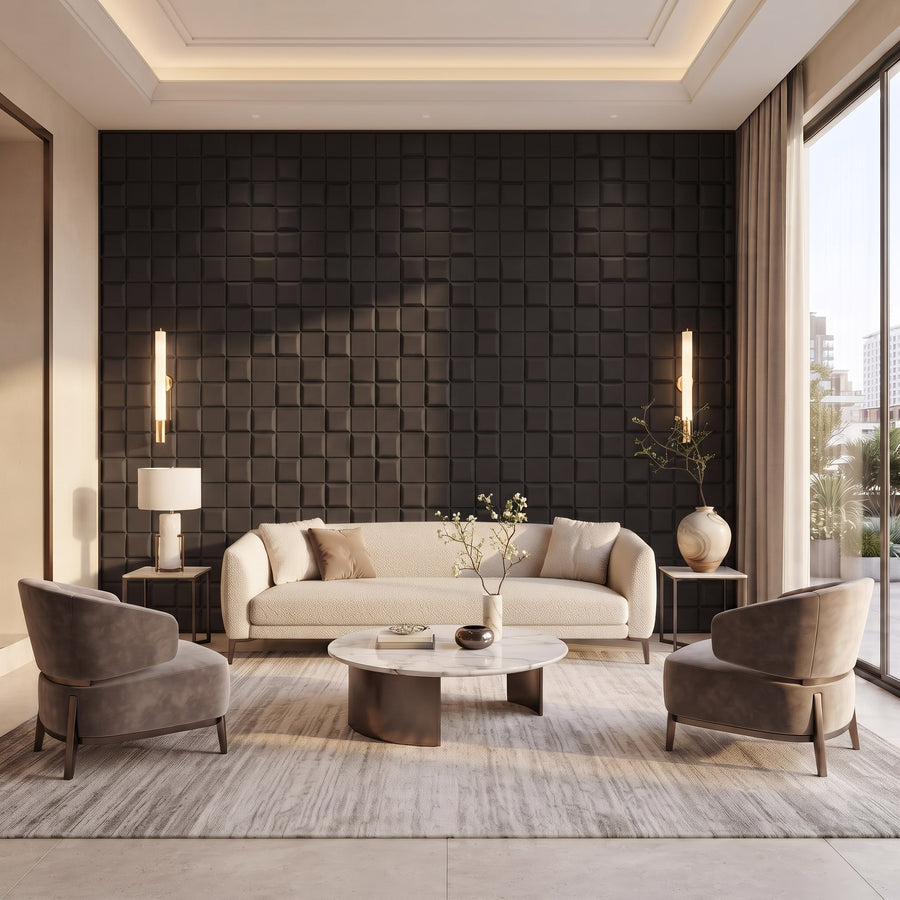 Tetris Square 3D Leather Wall Panel in Black