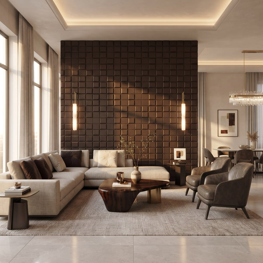 Tetris Square 3D Leather Wall Panel in Dark Brown