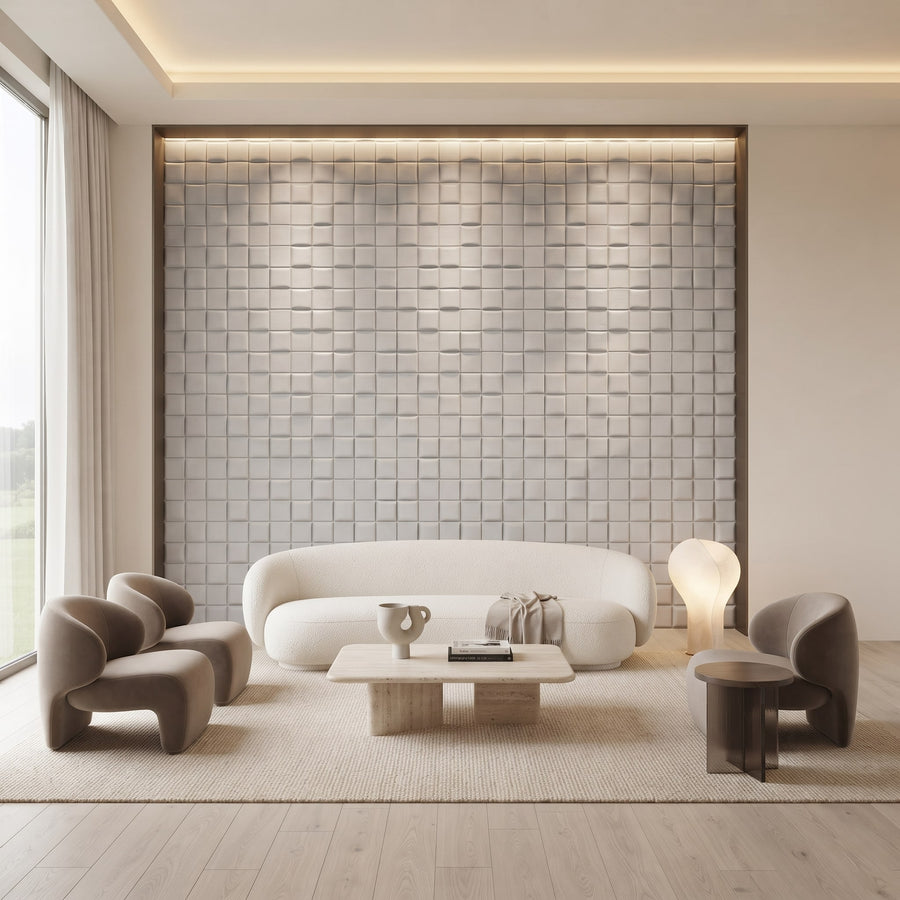 Tetris Square 3D Leather Wall Panel in Light Grey