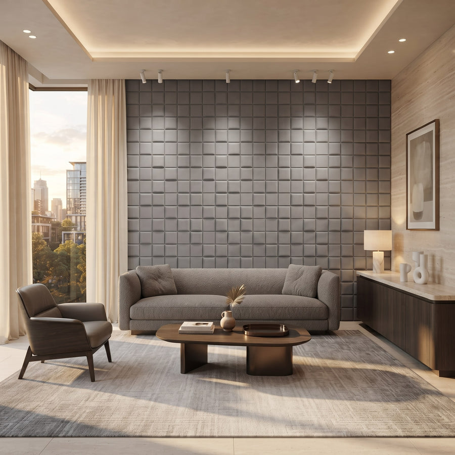 Tetris Square 3D Leather Wall Panel in Grey
