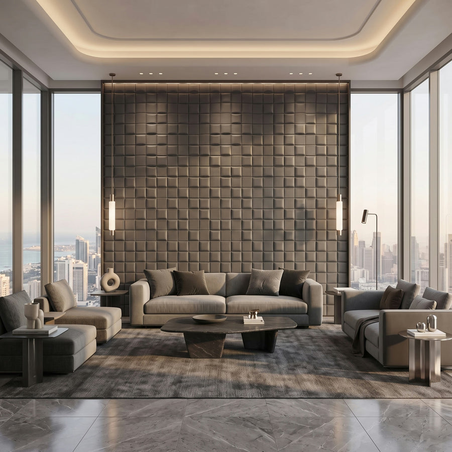 Tetris Square 3D Leather Wall Panel in Charcoal Grey