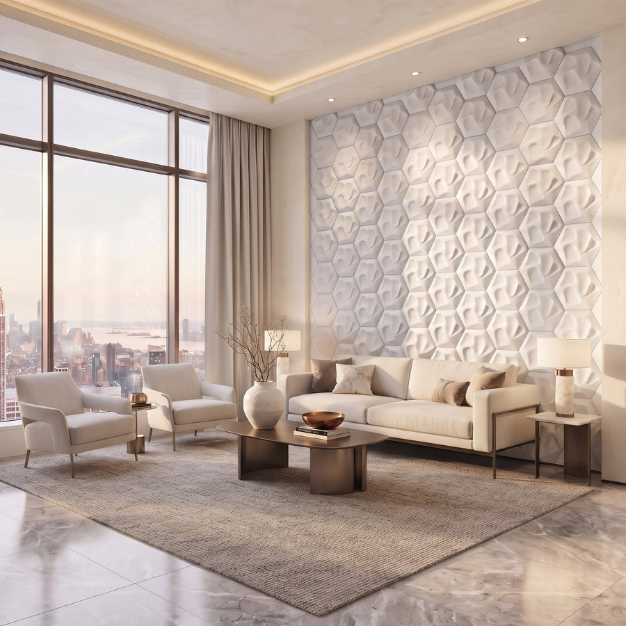 Speck Hexagon 3D Leather Wall Panel in Classic White