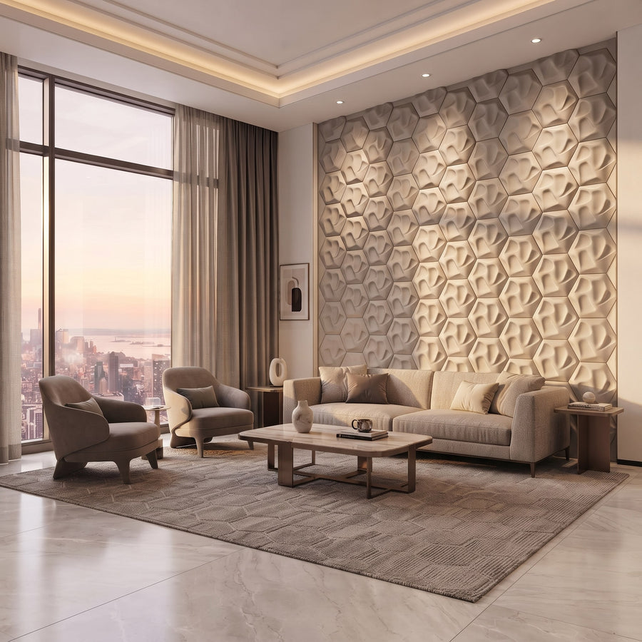 Speck Hexagon 3D Leather Wall Panel in Beige White