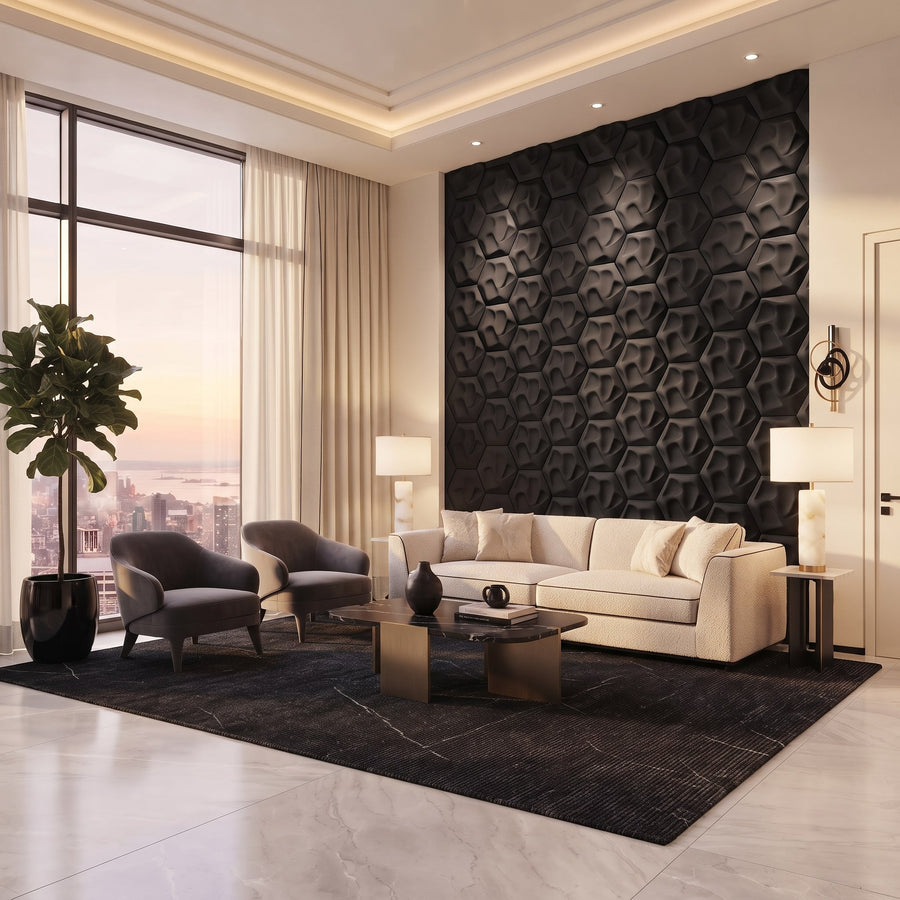 Speck Hexagon 3D Leather Wall Panel in Black