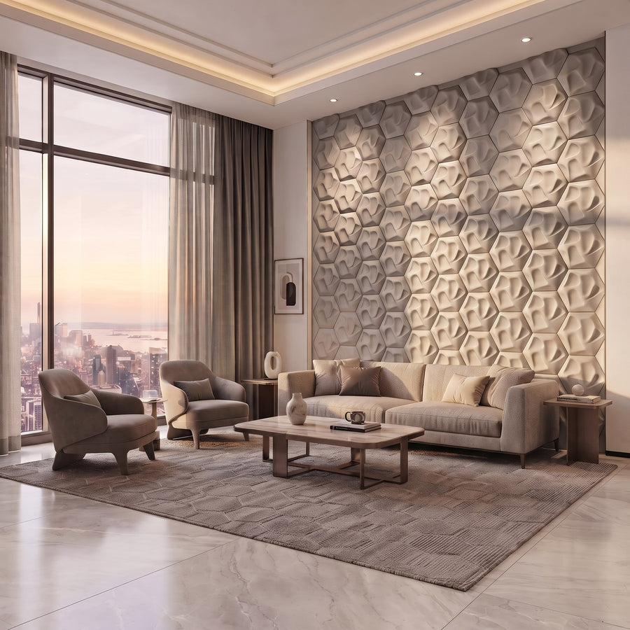 Speck Hexagon 3D Leather Wall Panel in Light Grey