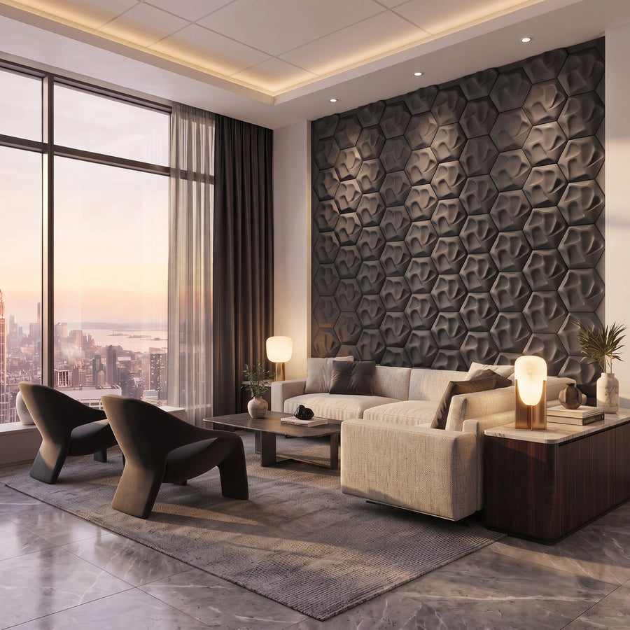Speck Hexagon 3D Leather Wall Panel in Charcoal Grey