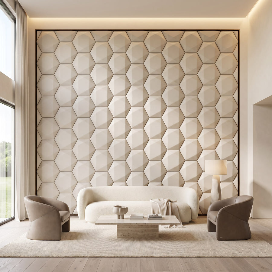 Trapezoid Hexagon 3D Leather Wall Panel in Beige White