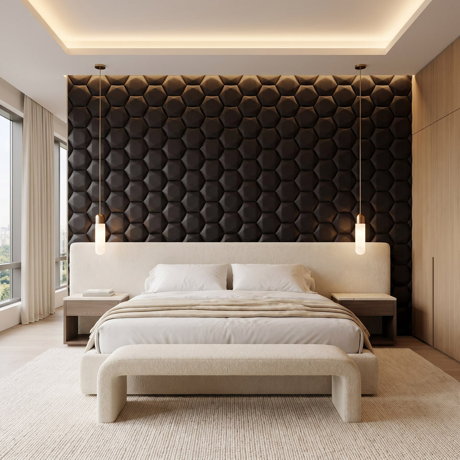 Trapezoid Hexagon 3D Leather Wall Panel in Black