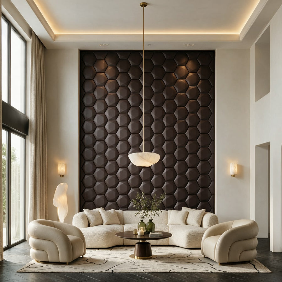 Trapezoid Hexagon 3D Leather Wall Panel in Dark Brown