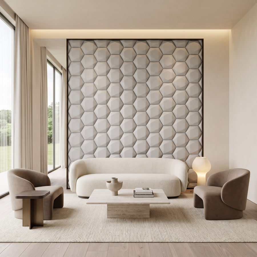 Trapezoid Hexagon 3D Leather Wall Panel in Light Grey