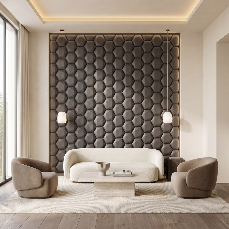 Trapezoid Hexagon 3D Leather Wall Panel in Charcoal Grey