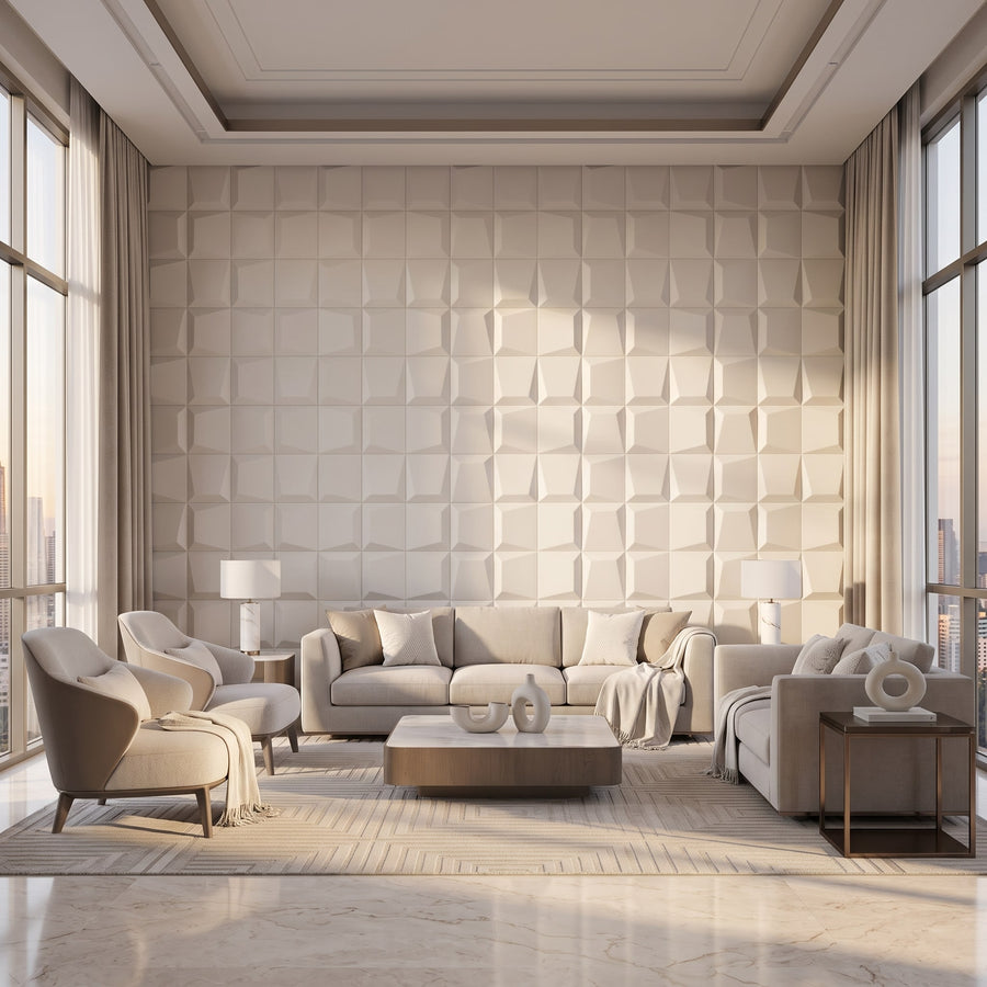 Mosaic Square 3D Leather Wall Panel in Beige White