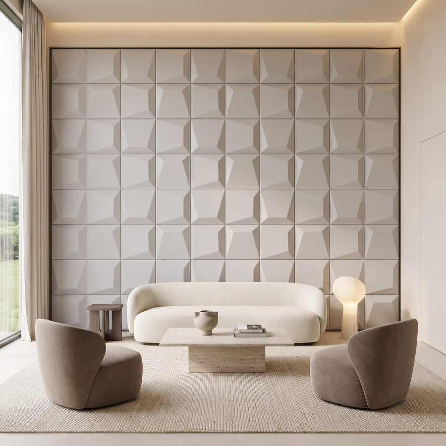 Mosaic Square 3D Leather Wall Panel in Light Grey