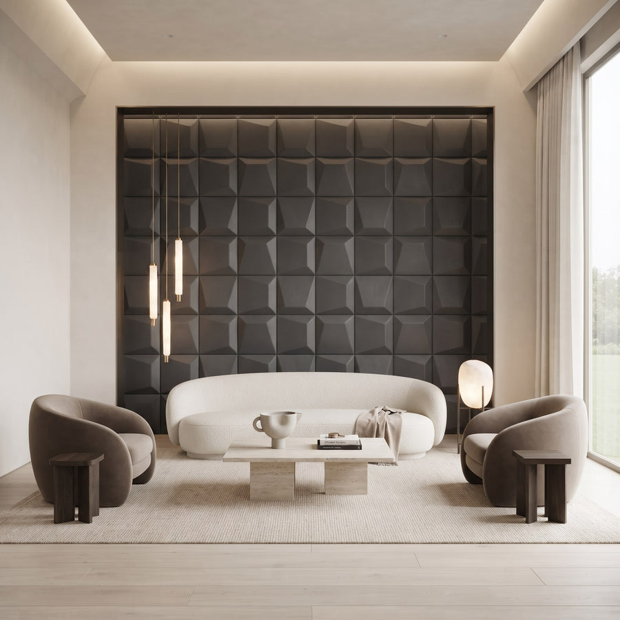 Mosaic Square 3D Leather Wall Panel in Charcoal Grey