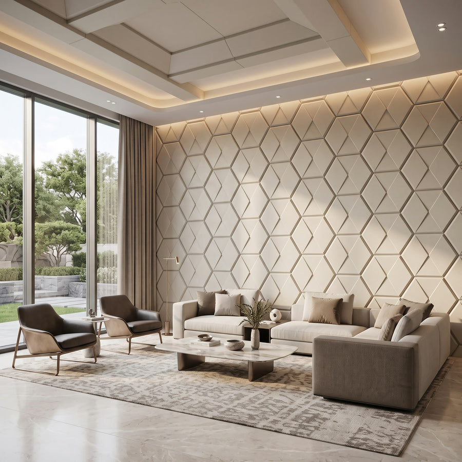 Diamond Tile Hexagon 3D Leather Wall Panel in Beige White