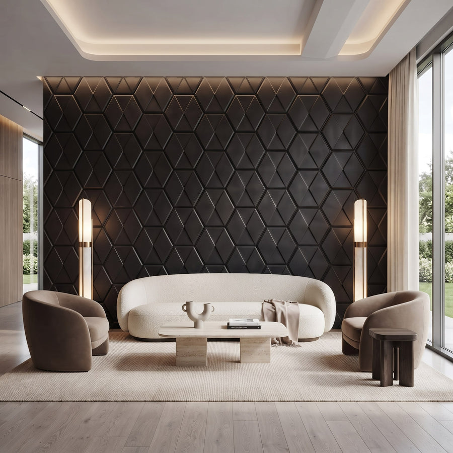 Diamond Tile Hexagon 3D Leather Wall Panel in Black