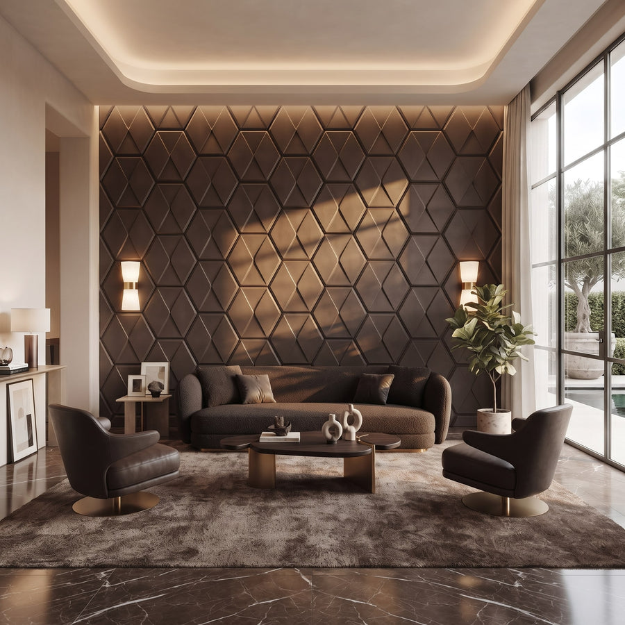 Diamond Tile Hexagon 3D Leather Wall Panel in Dark Brown