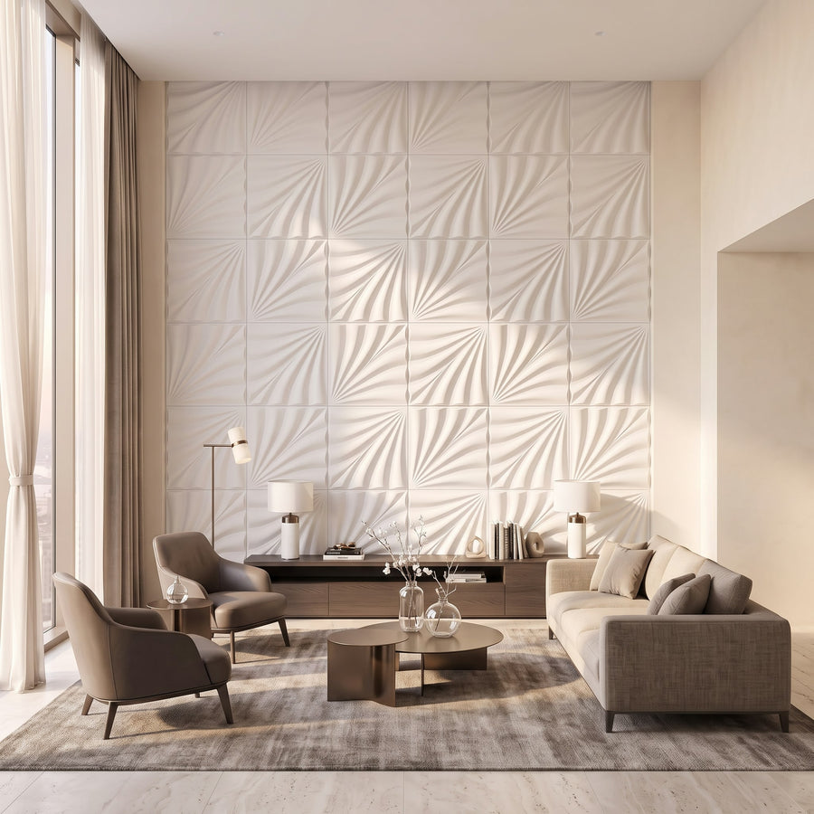 Rays Square 3D Leather Wall Panel in Classic White