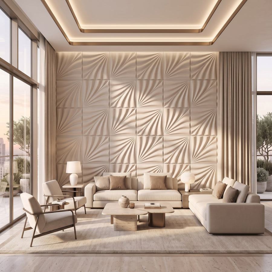 Rays Square 3D Leather Wall Panel in Beige White