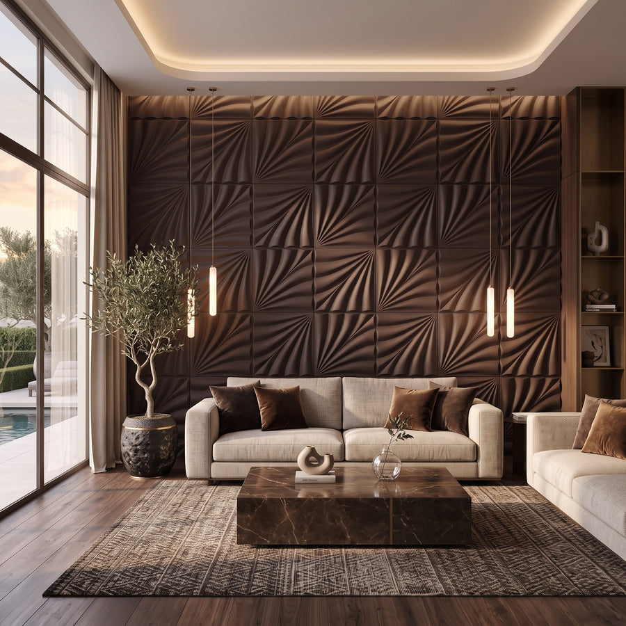 Rays Square 3D Leather Wall Panel in Dark Brown
