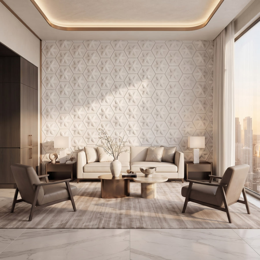 Asterisk Hexagon 3D Leather Wall Panel in Classic White
